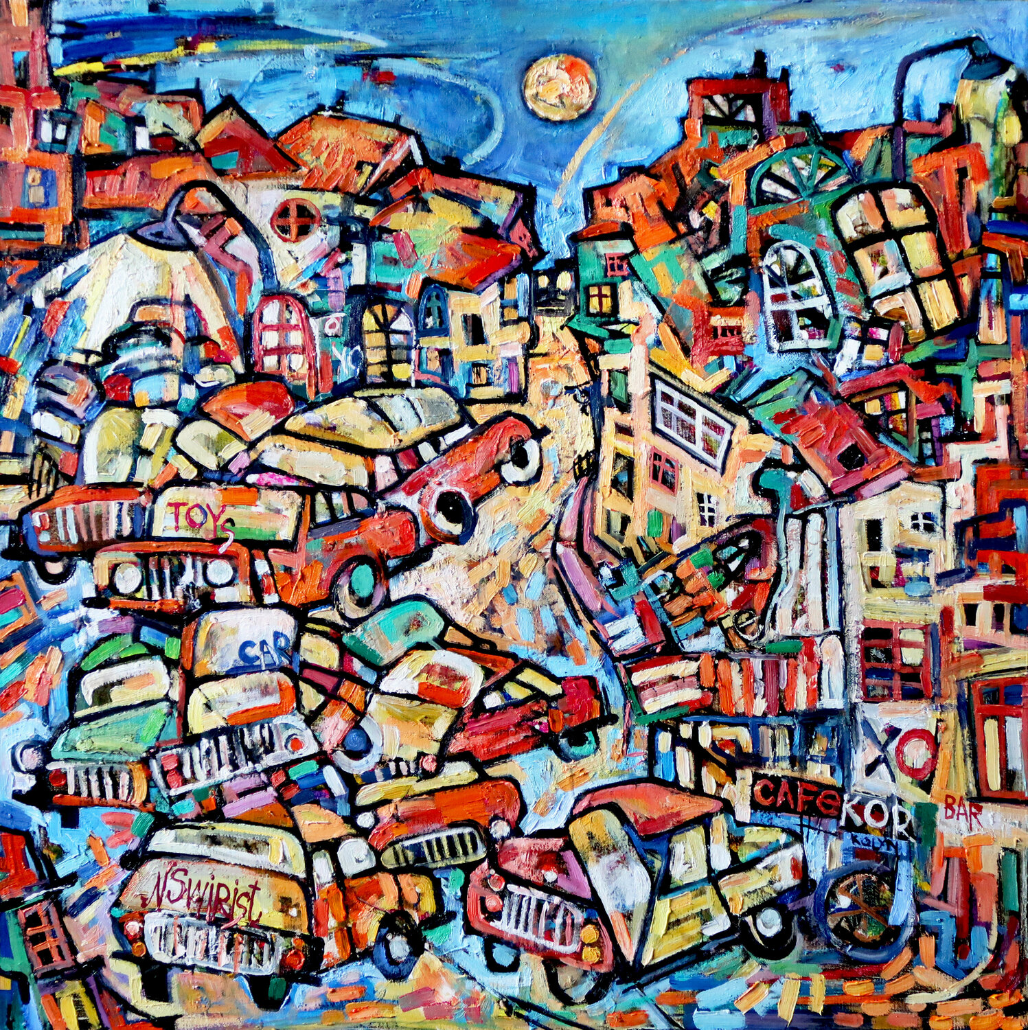 Night racing with toy cars. Nicolai Ostapenco (N.Swiristuhi) Original painting for sale