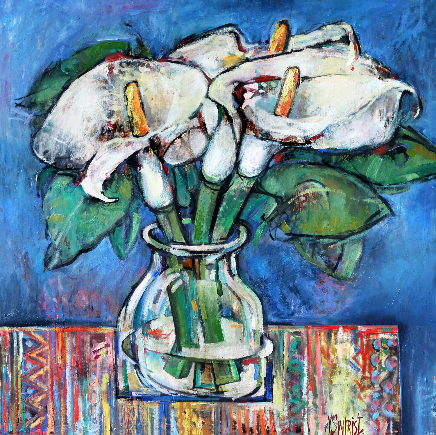 Calla flowers and colored tablecloth. Nicolai Ostapenco (N.Swiristuhi) Original painting for sale