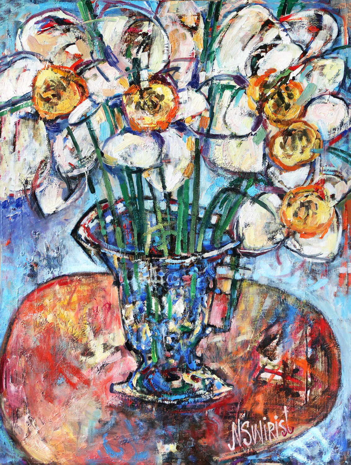 Blue vase, table and spring. Nicolai Ostapenco (N.Swiristuhi) Original painting for sale