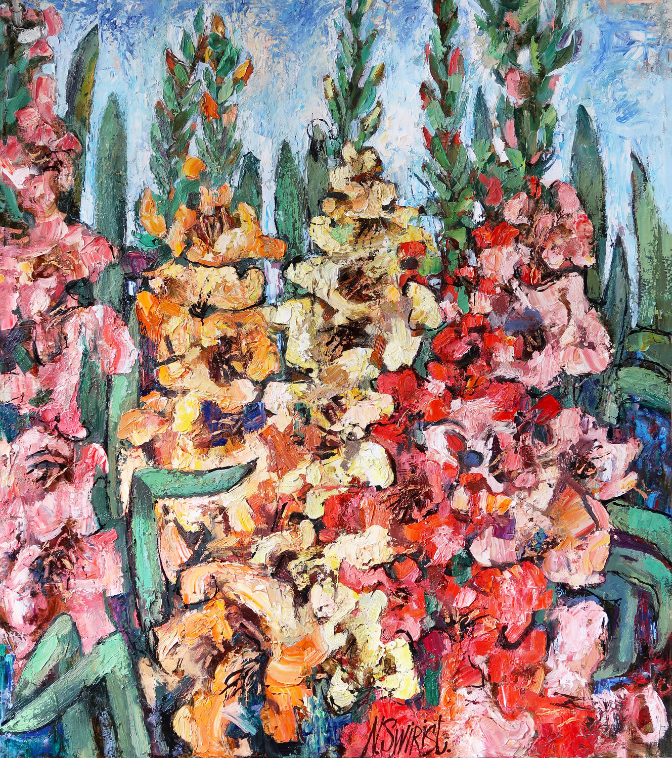 Garden, sky, gladioli. Nicolai Ostapenco (N.Swiristuhi) Original painting for sale