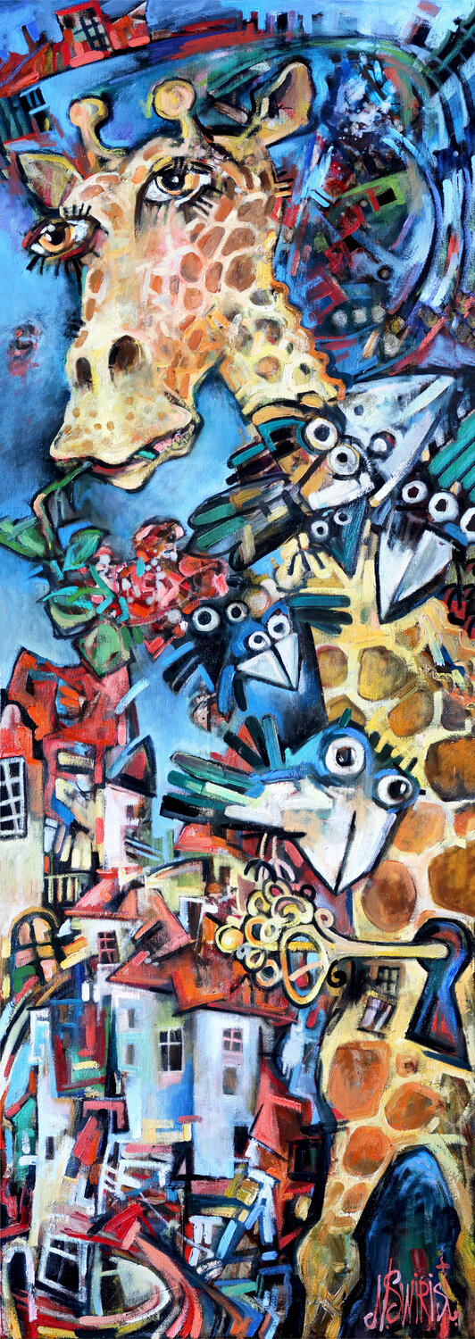 Clockwork giraffe and magpies. Nicolai Ostapenco (N.Swiristuhi) Original painting for sale