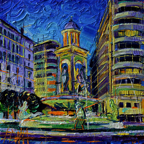 LA FONTAINE DES JACOBINS LYON BY NIGHT by Mona Edulesco, Painting for Sale on Select