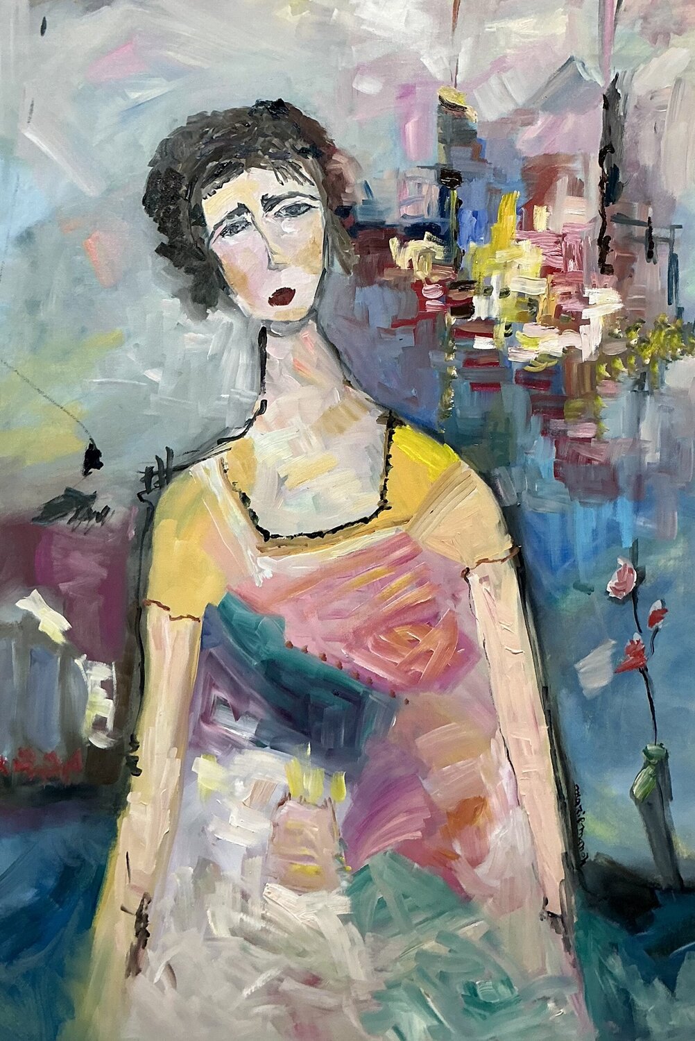 La Villageoise en Ville Marie Manon Corbeil Original painting for sale