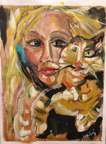 Ein Mädchen und eine 🐱 Katze by Karibou, Painting for Sale on Select