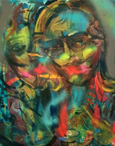 Skurriler Portrait dreier Gesichter semi abstract by Karibou, Painting for Sale on Select