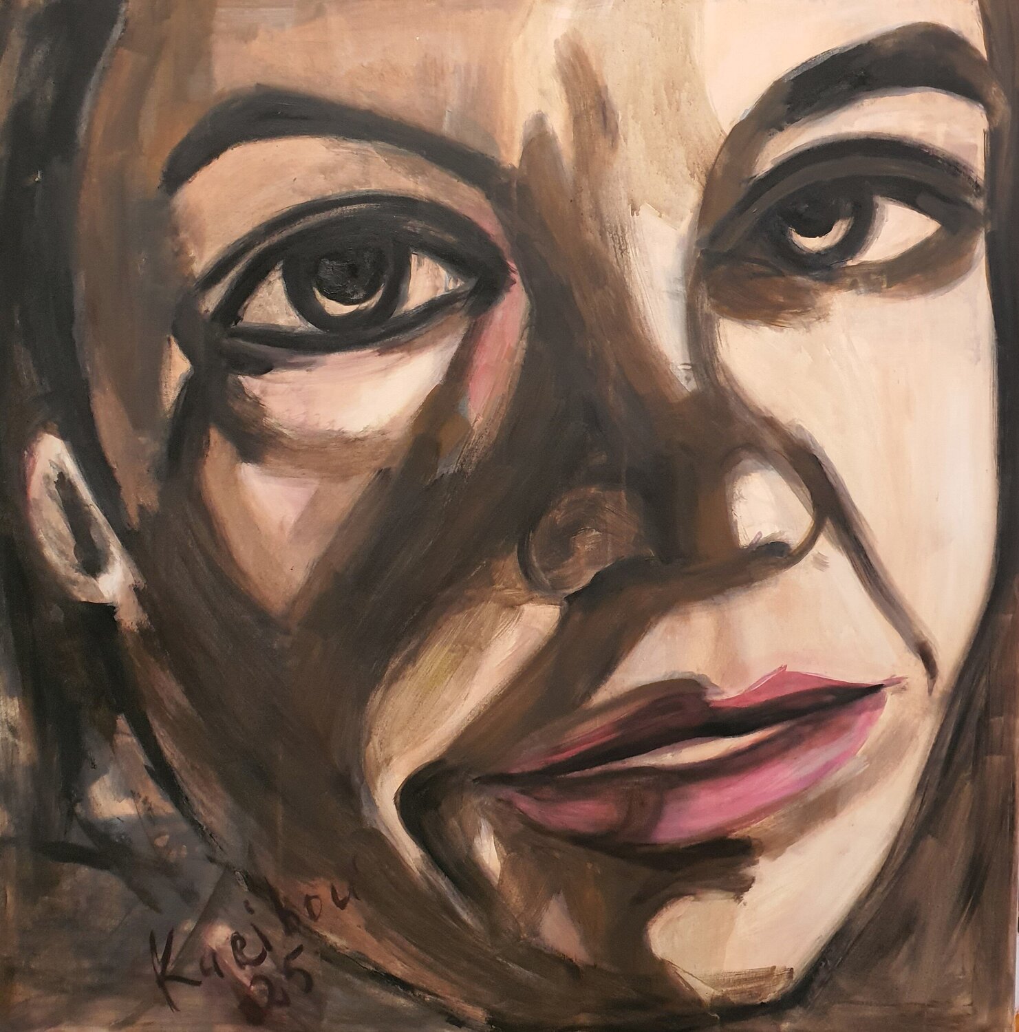 Portrait of a WOMAN - Selbstbildnis in the manner of David Hockney Karibou Original painting for sale