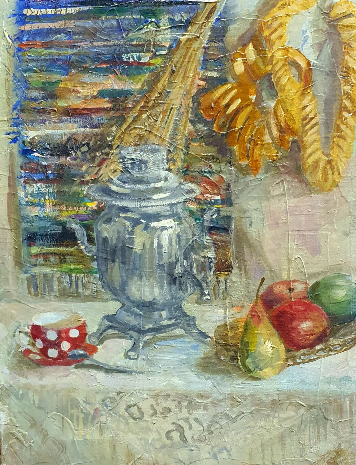 Samovar und Früchten.  Blumen Kunst und Stillleben by karibou Karibou Original painting for sale