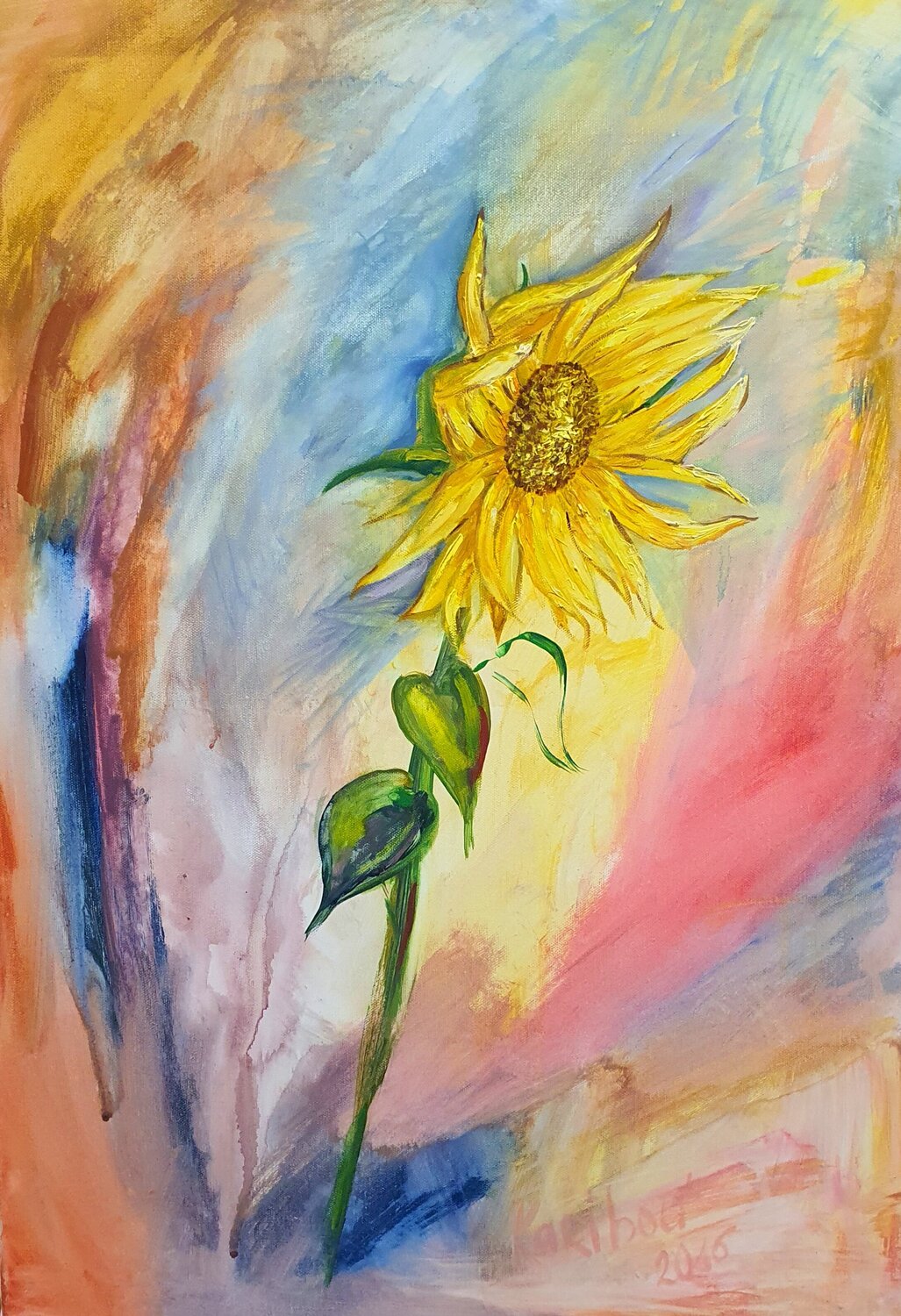 An incredibly powerful sunflower during a storm Karibou Original painting for sale