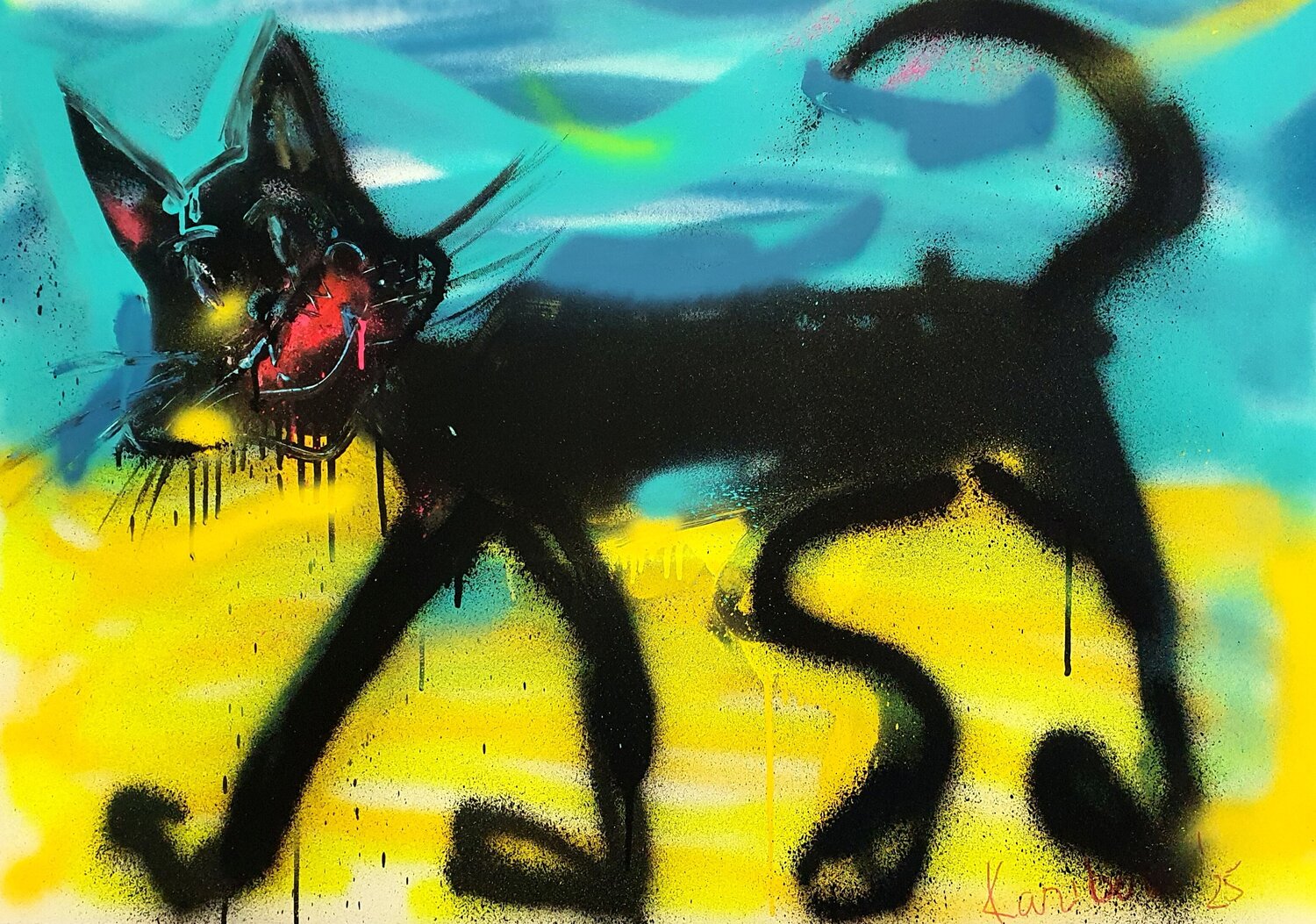 Schwarzer Kater am Meer. Katze 🐱 Karibou Original painting for sale