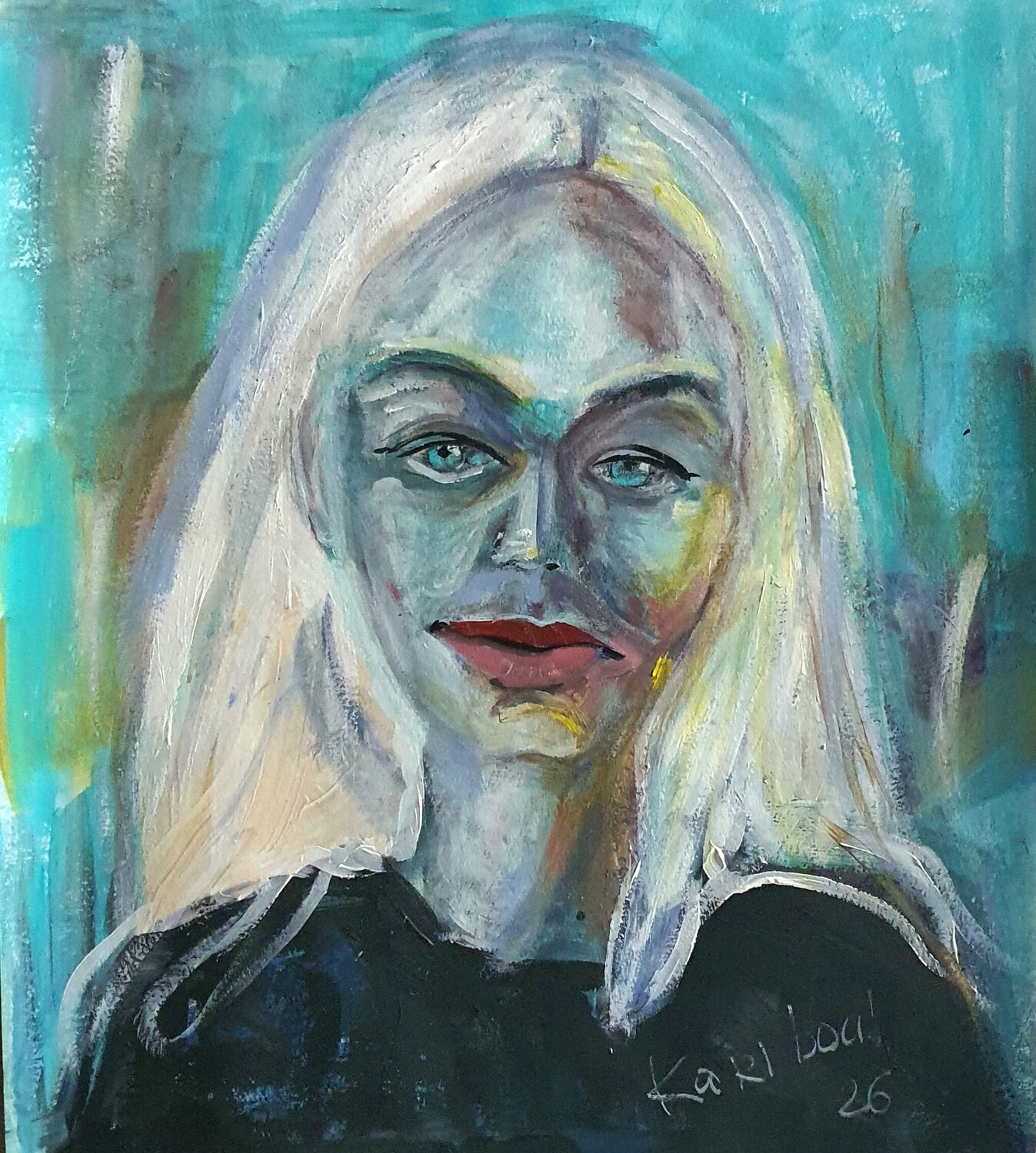 Ошарашенная. Blue white portrait of a WOMAN Karibou Original painting for sale