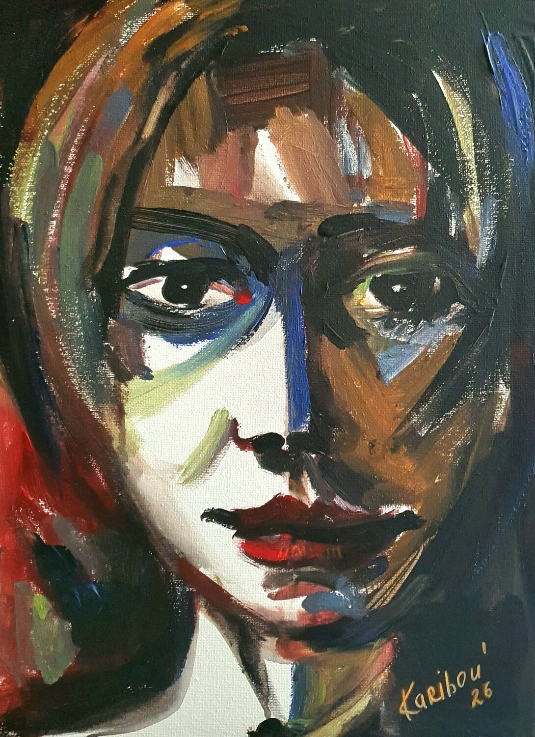 A woman on black background inspired by Gerhard Richter Karibou Original painting for sale