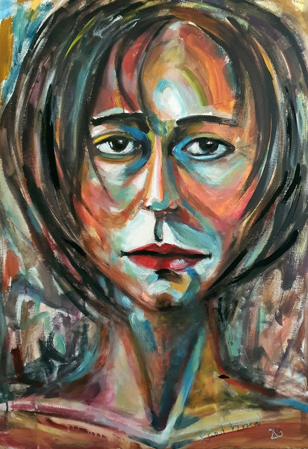 Portrait of a WOMAN in the manner of David Hockney Karibou Original painting for sale