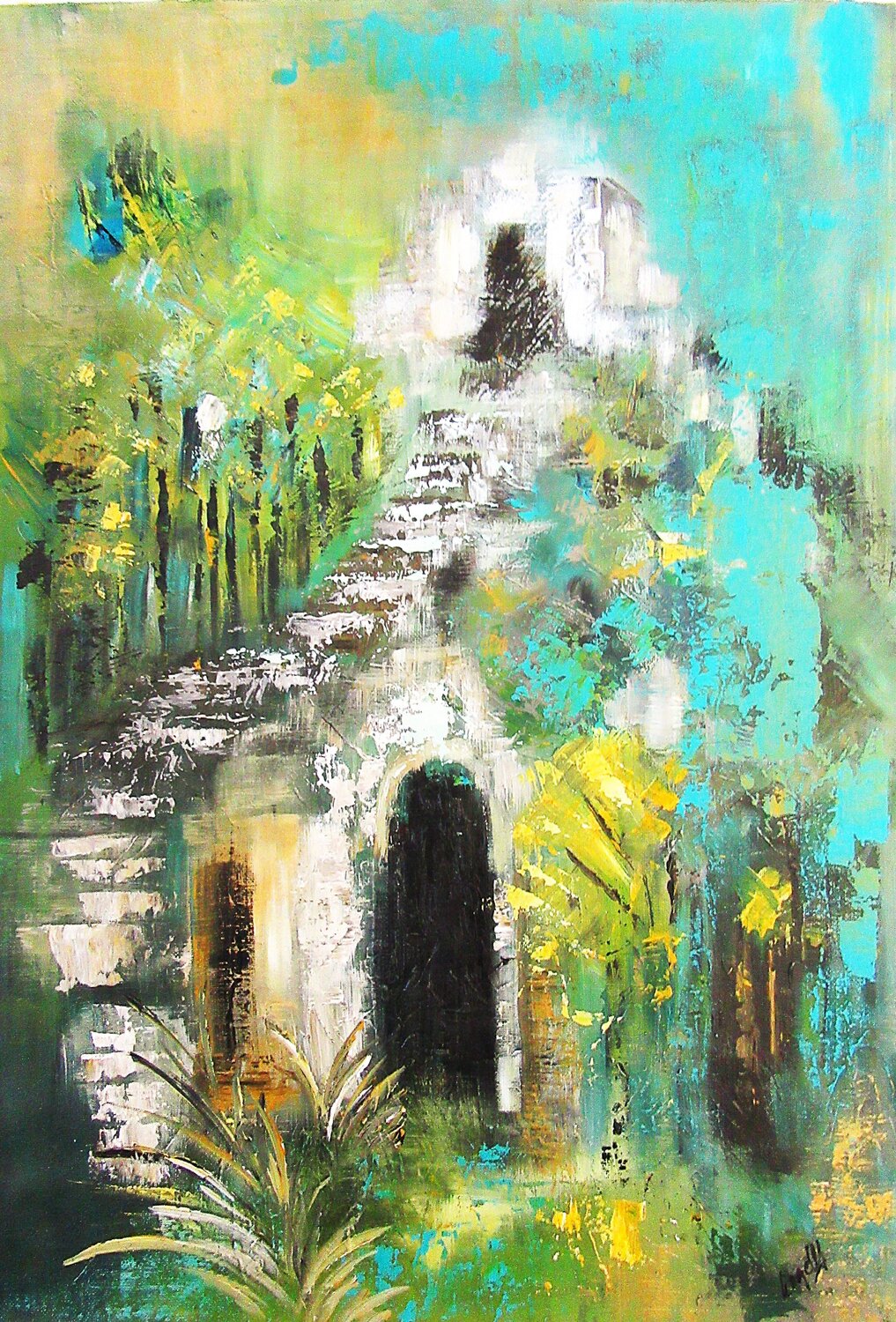 A Mayan Ruin in the Jungle Irma Engelbrecht Original painting for sale