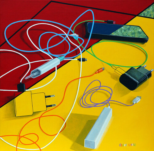 21st Century Still Life: Phone Chargers by Steve White, Painting for Sale on Select