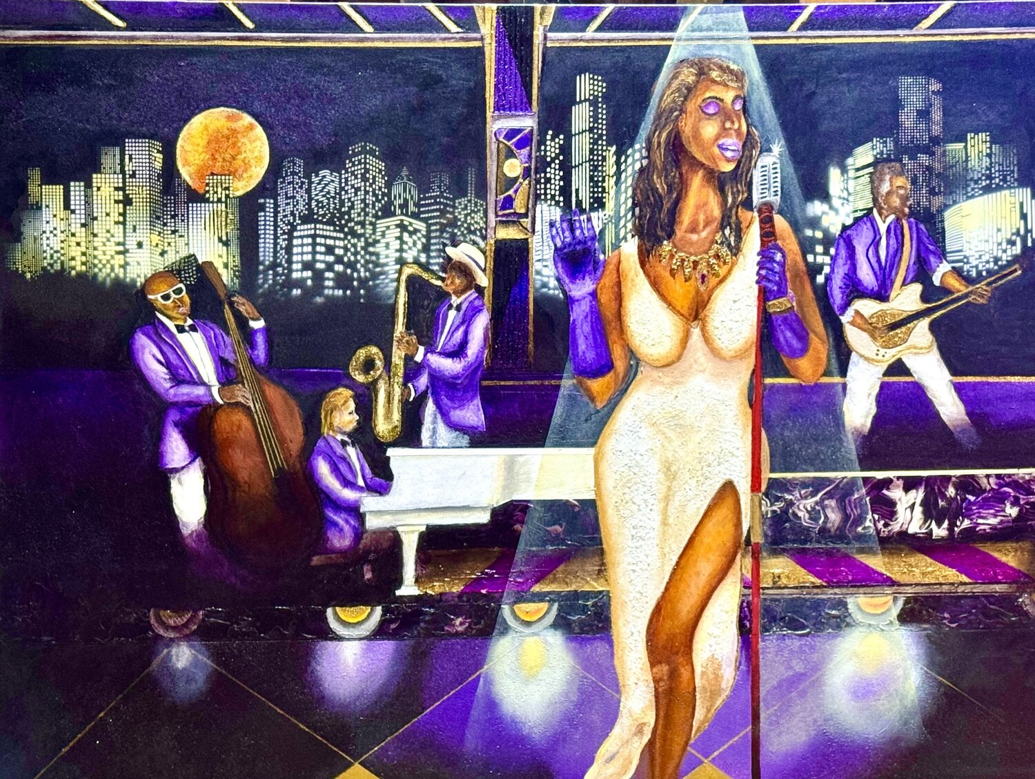 Evening at the Purple Lounge n Bistro Andy Hollimon Original painting for sale