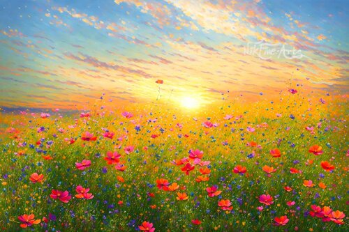 SUNSET IN A FIELD OF WILDFLOWERS by Nik Tod, Painting for Sale on Select