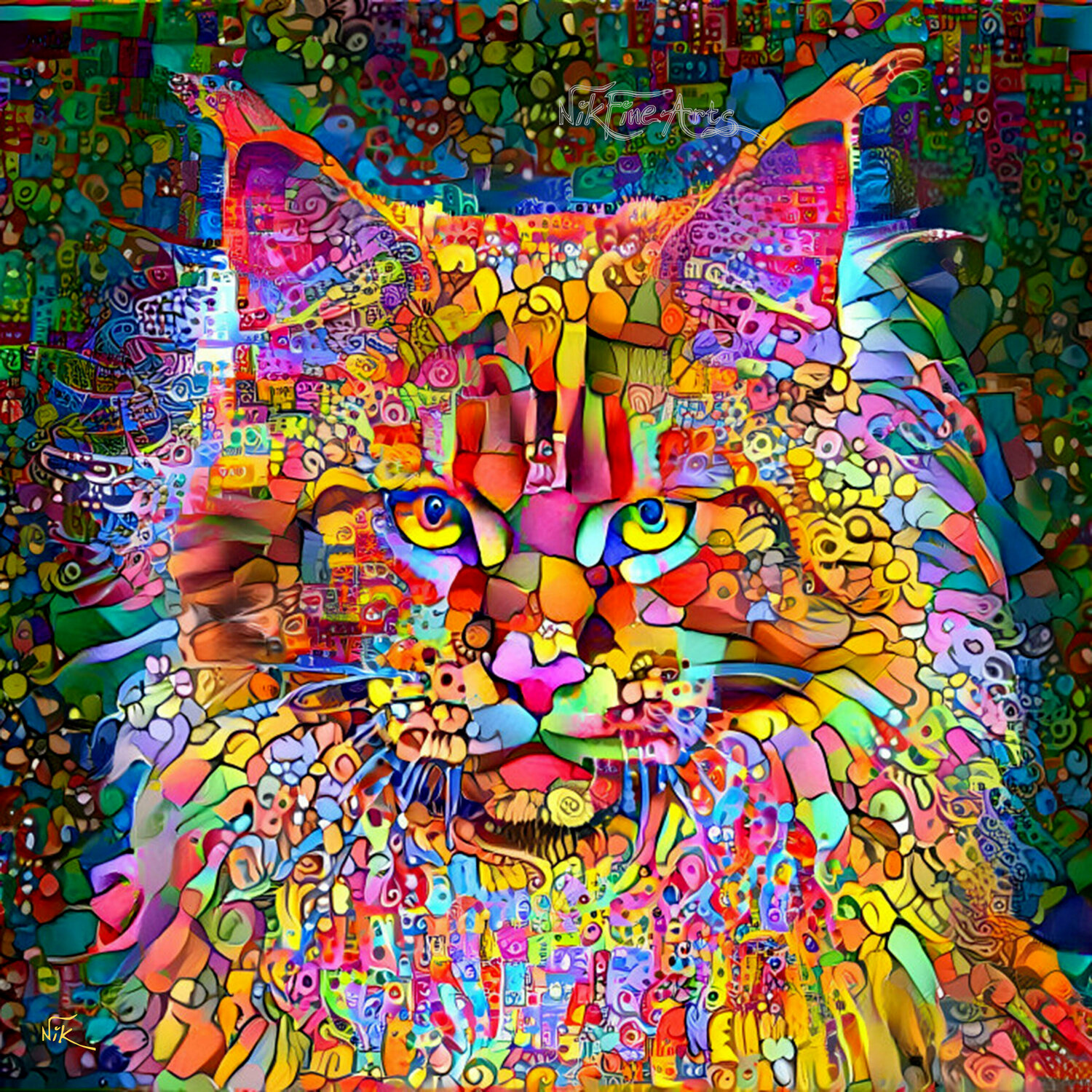 COLORFUL MAINE COON CAT Nik Tod Original painting for sale