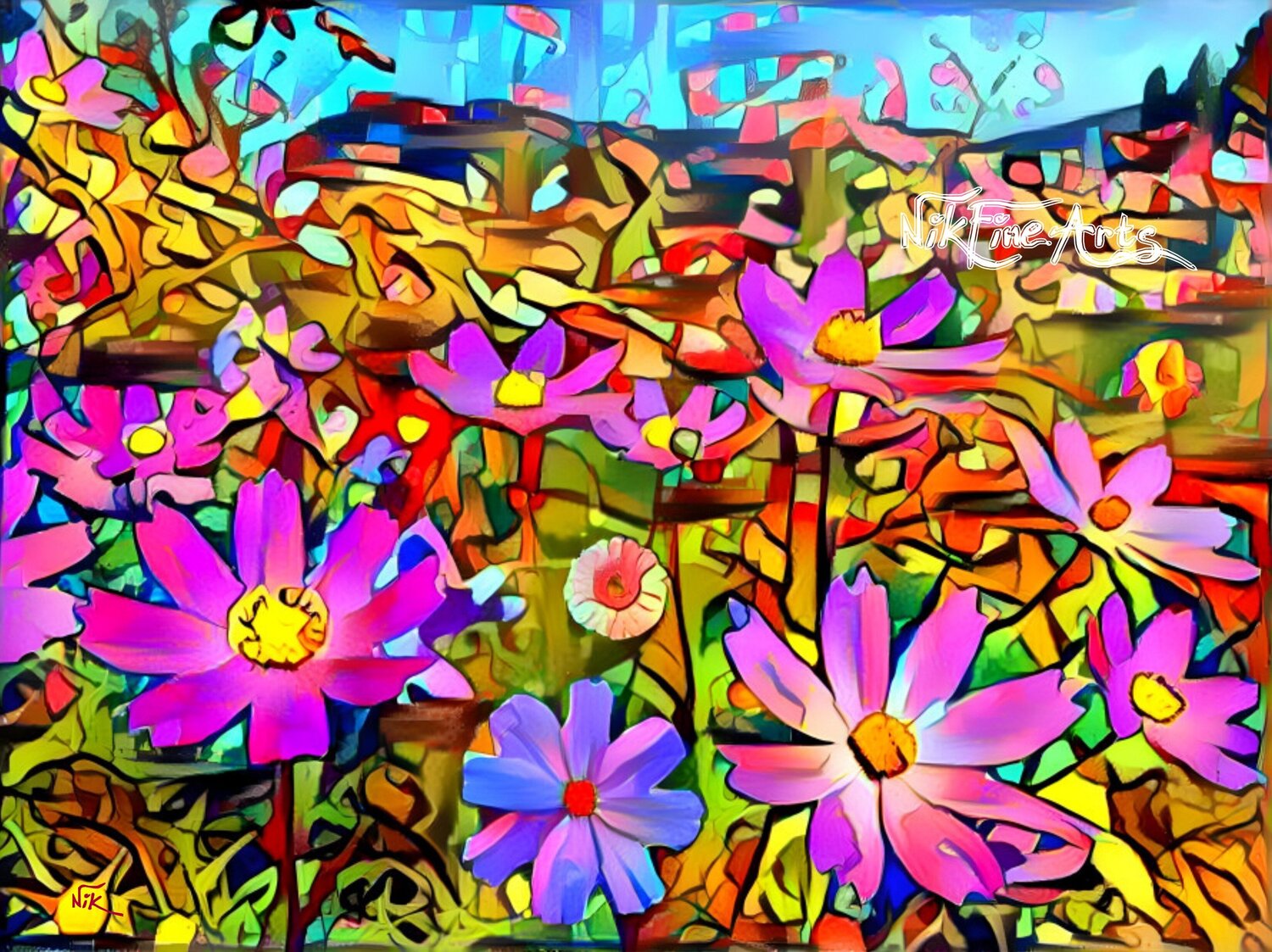 COSMOS FLOWERS FIELD Nik Tod Original painting for sale