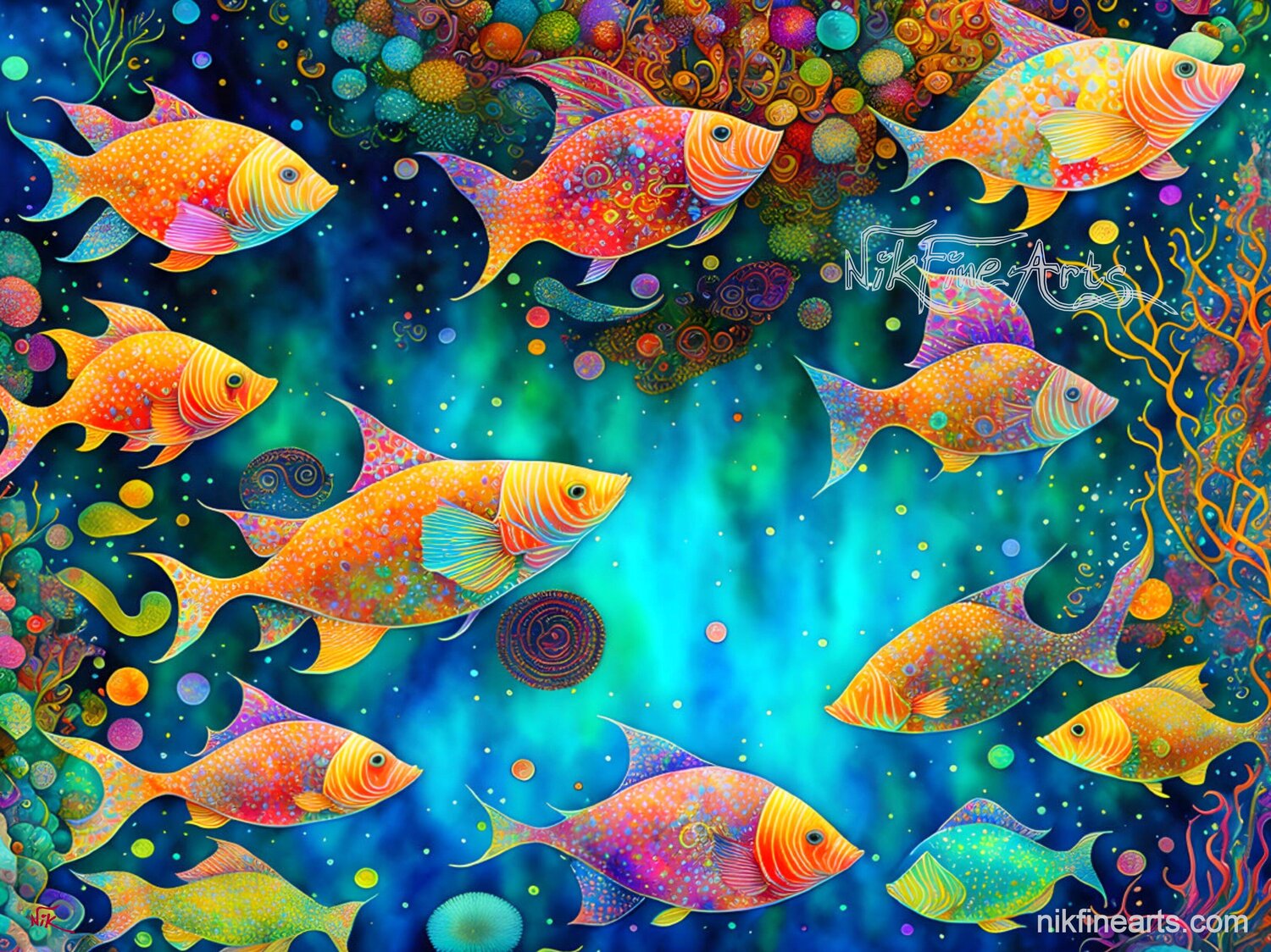 SHOAL OF COLORFUL FISHES Nik Tod Original painting for sale
