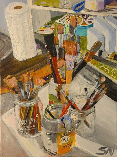 Brushes and jars by Stacy N, Painting for Sale on Select