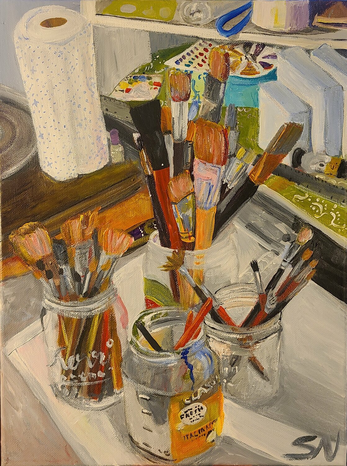 Brushes and jars Stacy N Original painting for sale