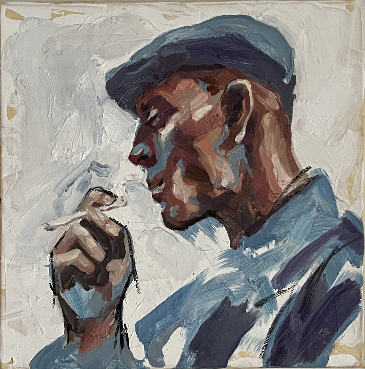 Portrait of a man  smoking a cigarette Claudia Barbu Original painting for sale