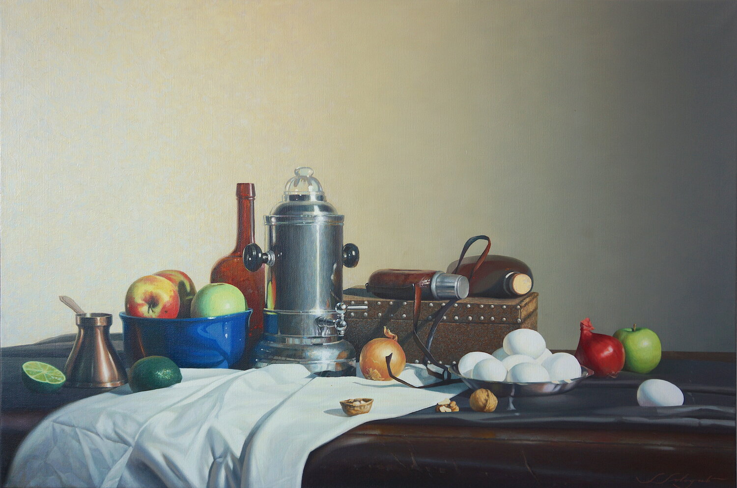 Stilleben mit silberne Kaffe Kanne. Sergej Sologub Original painting for sale