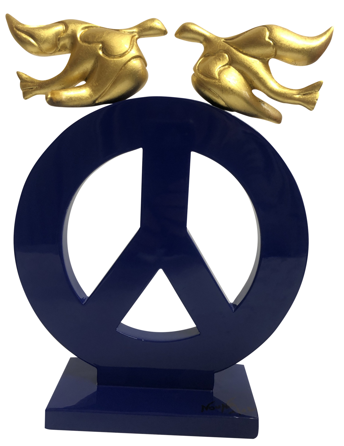 Peace and Loves  resine oiseaux patine peinte à la feuille d'or 24 carats Nouna Sculpture for sale