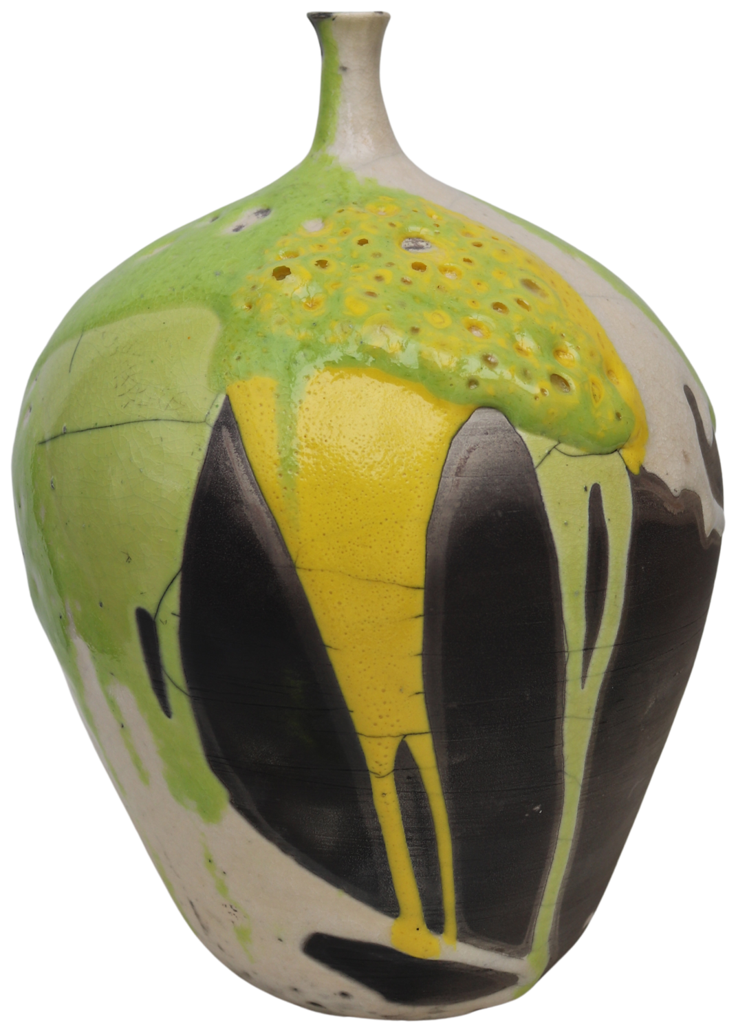 Raku and black smoked vessel with green and yellow glaze Koen Lybaert Sculpture for sale