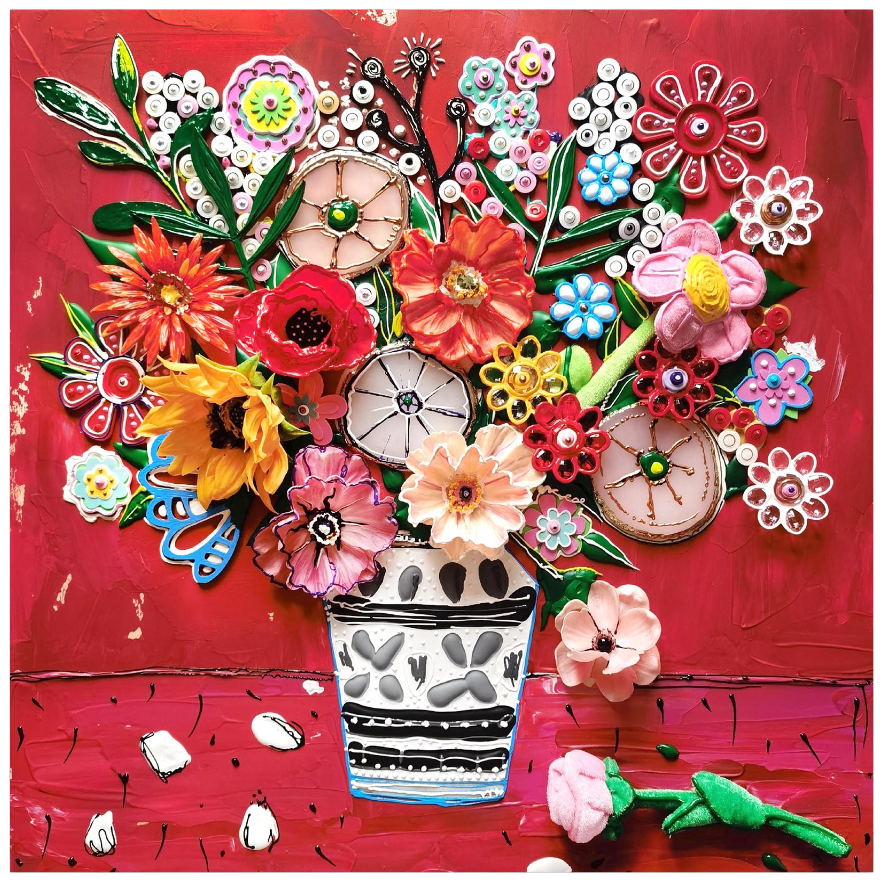 Vivid flowers in white vase in fine art naive child like style - Original sculptural painting, aesthetic colorful wall art in Matisse style. Bright colors positive mood art dark red burgundy artwork