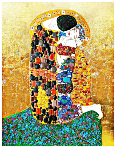 Beautiful romantic Love original painting Kiss with GEMSTONES and mosaic. Gustav Klimt inspired artwork. Unforgettable wedding gift for couple, for wife, husband, parents, friends. Unique wall art for bedroom or living room by Irina BAST, Sculpture for Sale on Select