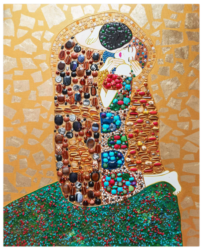 Beautiful romantic Love original painting Kiss with GEMSTONES and mosaic. Gustav Klimt inspired artwork. Unforgettable wedding gift for couple, for wife, husband, parents, friends. Unique wall art for bedroom or living room by Irina BAST, Sculpture for Sale on Select
