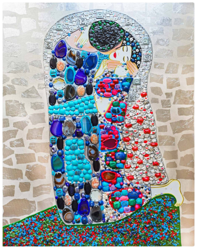 Love original painting Kiss with GEMSTONES and mosaic. Gustav Klimt inspired artwork. Unforgettable wedding gift for couple, for wife, husband, parents, friends. Unique wall art for bedroom or living room by Irina BAST, Sculpture for Sale on Select