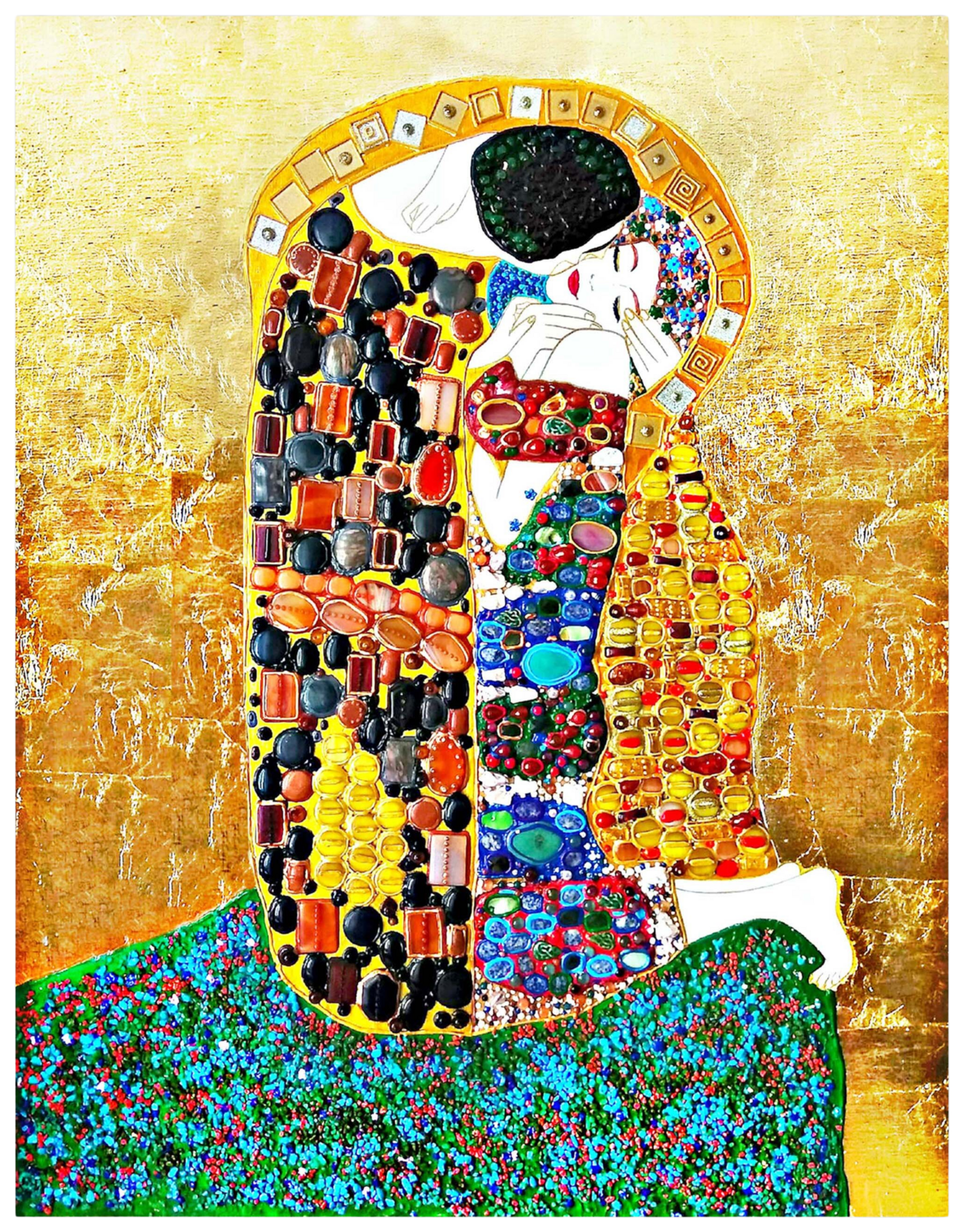 Beautiful romantic Love original painting Kiss with GEMSTONES and mosaic. Gustav Klimt inspired artwork. Unforgettable wedding gift for couple, for wife, husband, parents, friends. Unique wall art for bedroom or living room Irina BAST Sculpture for sale