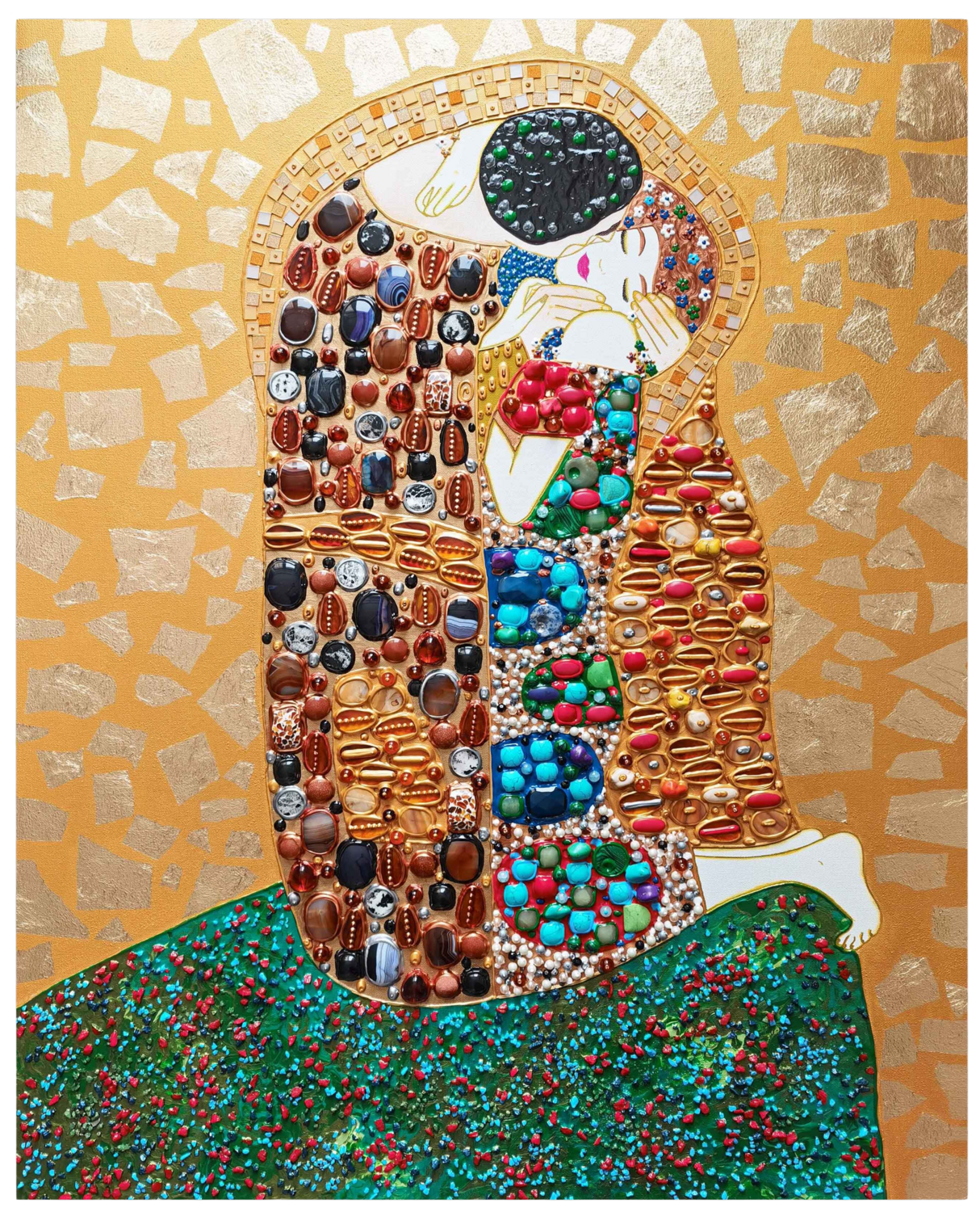 Beautiful romantic Love original painting Kiss with GEMSTONES and mosaic. Gustav Klimt inspired artwork. Unforgettable wedding gift for couple, for wife, husband, parents, friends. Unique wall art for bedroom or living room Irina BAST Sculpture for sale