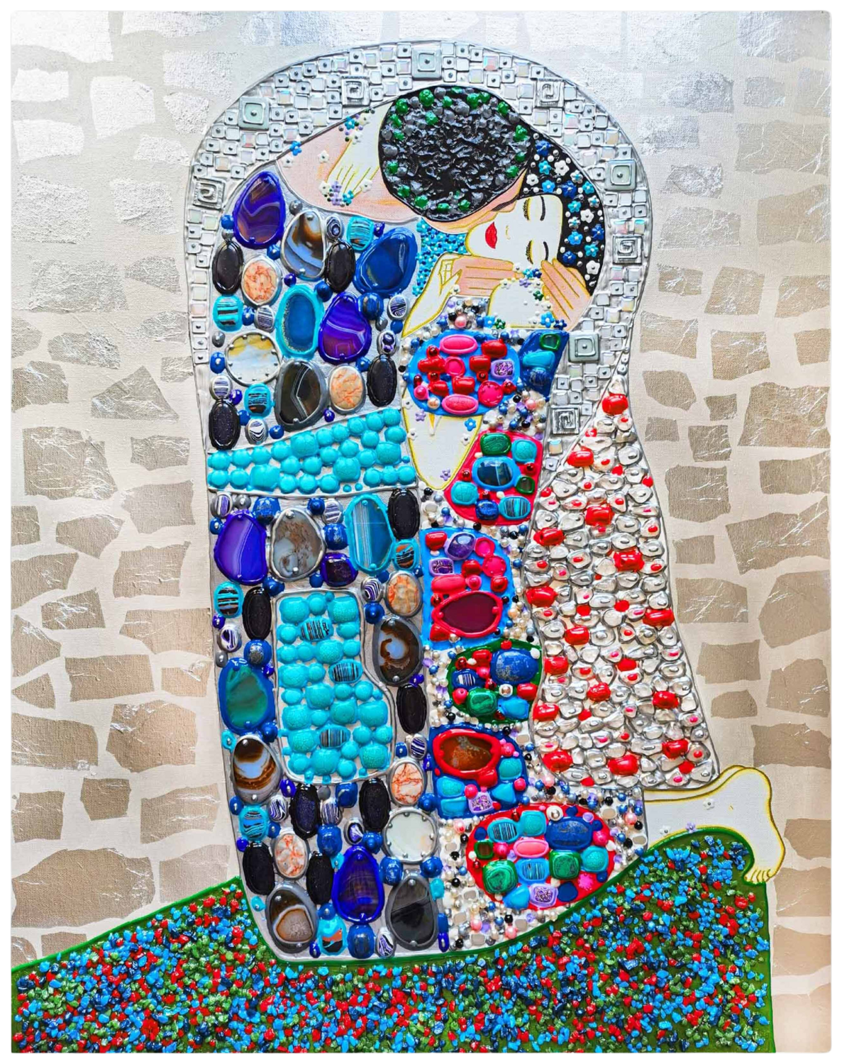 Love original painting Kiss with GEMSTONES and mosaic. Gustav Klimt inspired artwork. Unforgettable wedding gift for couple, for wife, husband, parents, friends. Unique wall art for bedroom or living room Irina BAST Sculpture for sale