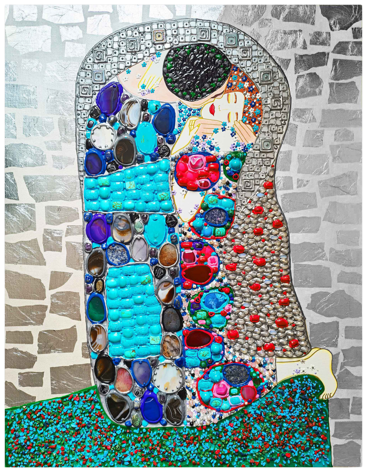 Love original painting Kiss with GEMSTONES and mosaic. Gustav Klimt inspired artwork. Unforgettable wedding gift for couple, for wife, husband, parents, friends. Unique wall art for bedroom or living room Irina BAST Sculpture for sale