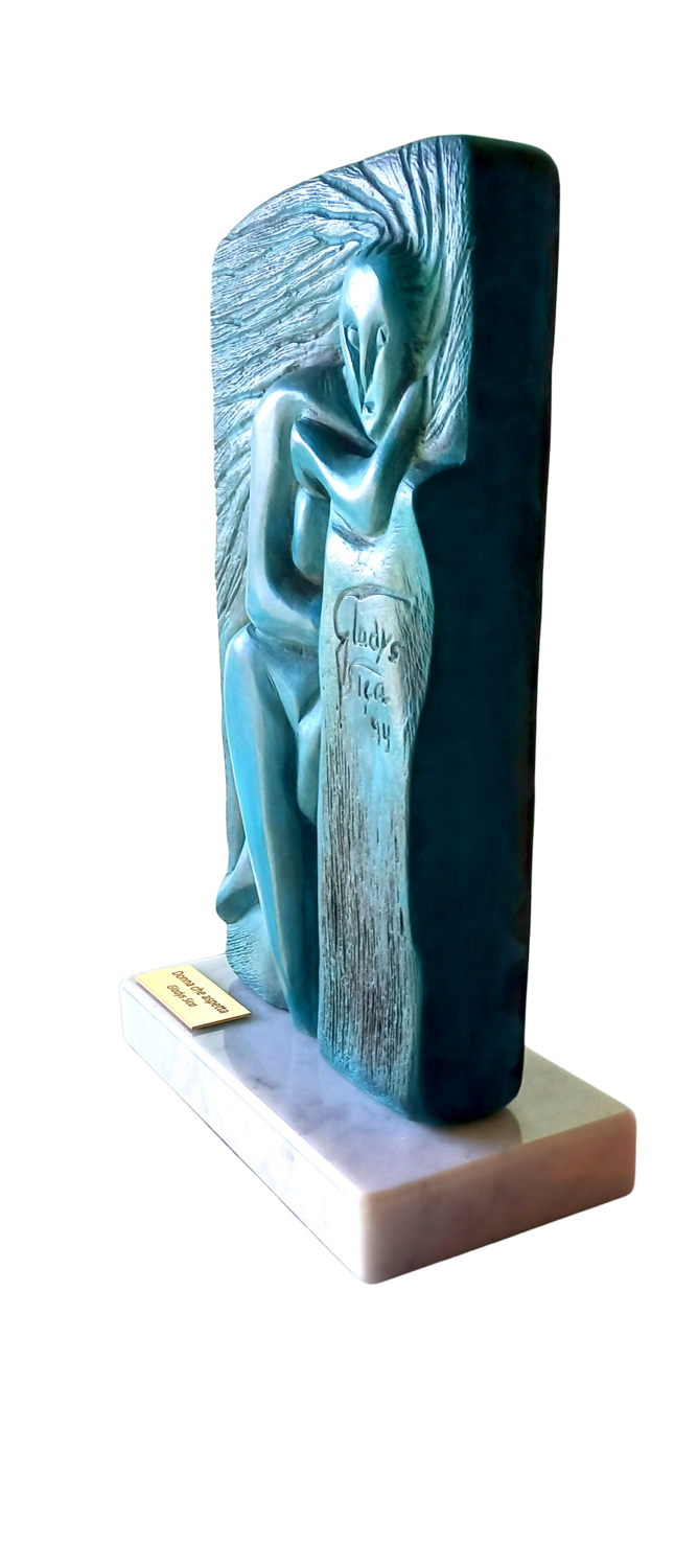 "Donna che aspetta" altorilievo bronzo patinato su marmo 2-8 Gladys Sica Sculpture for sale
