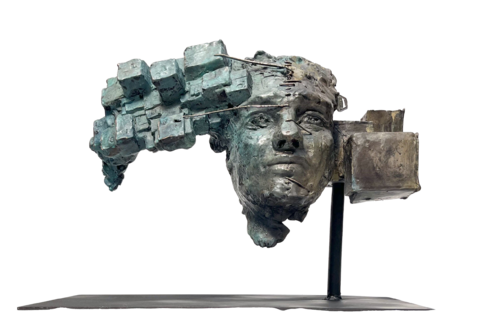 EMISFERI (LUI).   Scultura Serie "Ago e Filo"  Opera certificata e autenticata - Lamina di Rame Puro, ossidato. Bagno galvanico su terracotta e legno. by MARINA MABE BERTAGNIN, Sculpture for Sale on Select