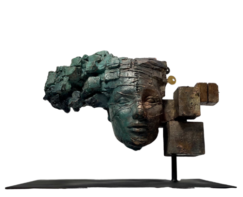 EMISFERI (LEI). Serie "Ago e Filo" Opera certificata e autenticata - Lamina di Rame Puro, ossidato. Bagno galvanico su terracotta e legno. by MARINA MABE BERTAGNIN, Sculpture for Sale on Select