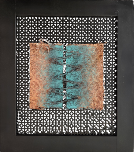 CHI CUCE AMA -Lamina di Rame Puro ossidato. Bagno galvanico su tessuto broccato antico e lana. Anta in legno traforato. by MARINA MABE BERTAGNIN, Sculpture for Sale on Select