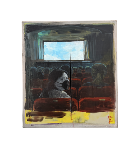 AL CINEMA-Smalto all’acqua su telaio da serigrafia, ago e filo, biglietto cinema. Cornice di Bancali di recupero, I telai sono  “reperti storici”  del laboratorio di serigrafia di mio papà che ne ha archiviati centinaia in 60 anni di attività'. by MARINA MABE BERTAGNIN, Sculpture for Sale on Select