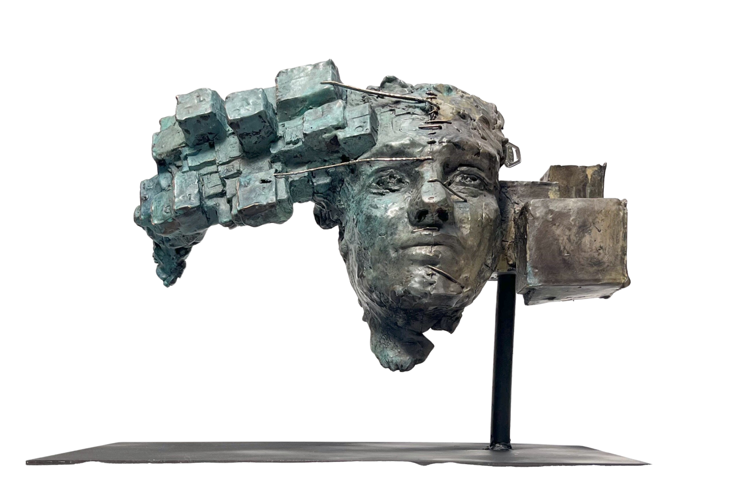 EMISFERI (LUI).   Scultura Serie "Ago e Filo"  Opera certificata e autenticata - Lamina di Rame Puro, ossidato. Bagno galvanico su terracotta e legno. MARINA MABE BERTAGNIN Sculpture for sale