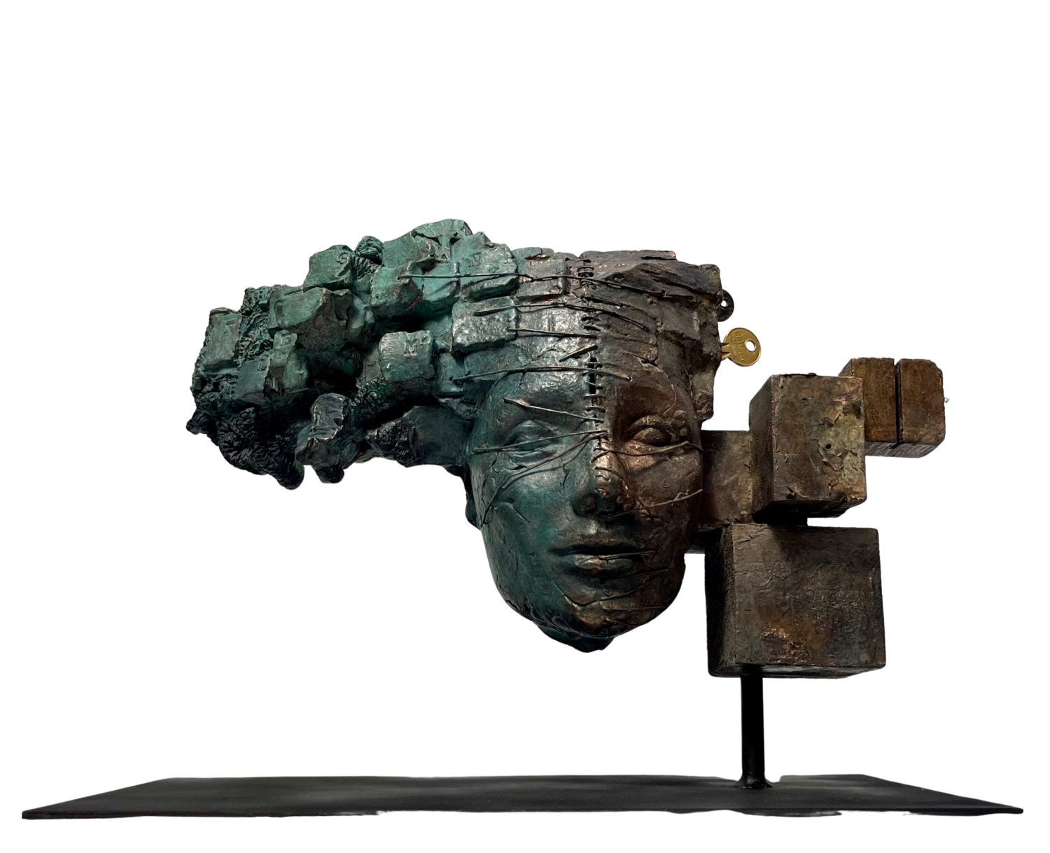 EMISFERI (LEI). Serie "Ago e Filo" Opera certificata e autenticata - Lamina di Rame Puro, ossidato. Bagno galvanico su terracotta e legno. MARINA MABE BERTAGNIN Sculpture for sale