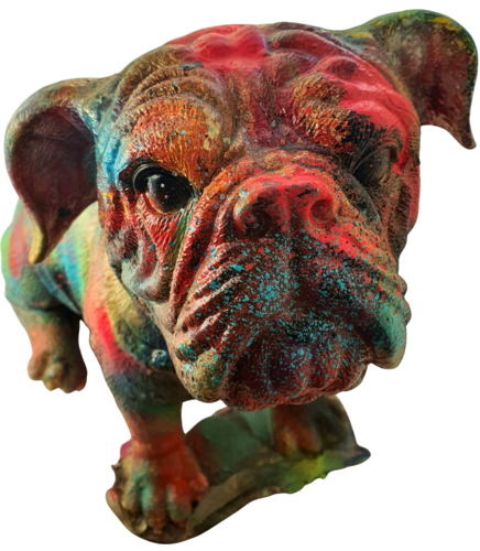 Ein Luxury dog français with a small Bulldog on the collarr, glasses and a bow tie. Street art. Hund. by Karibou, Sculpture for Sale on Select