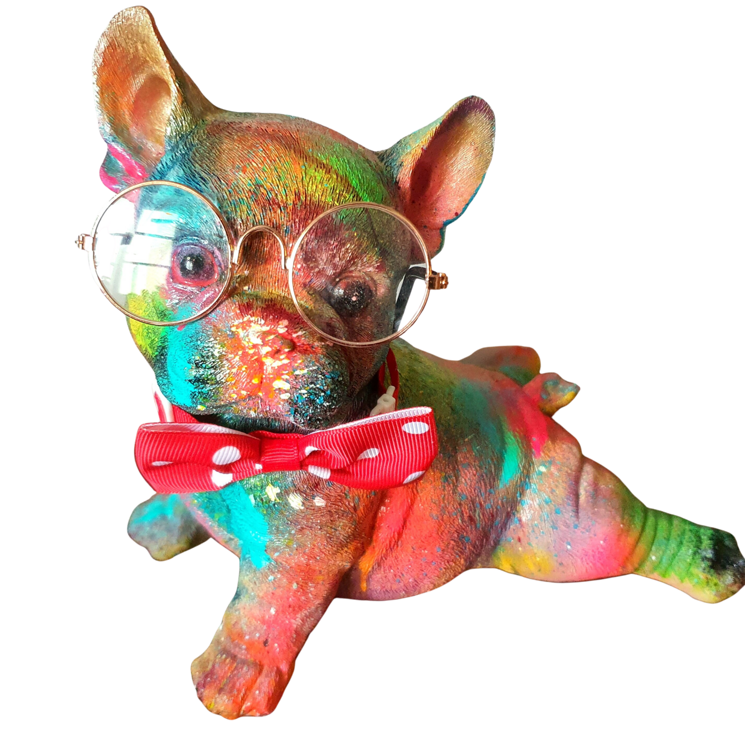 Luxury dog français bebe with a glasses and collar. Street art. Karibou Sculpture for sale