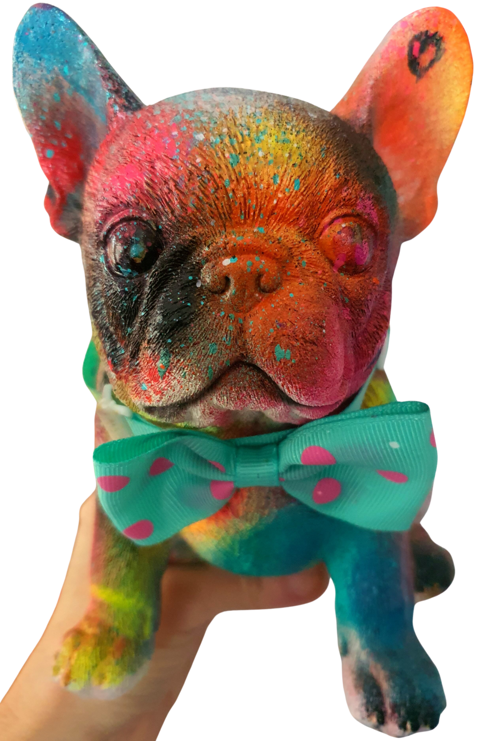 Luxury bulldog français with a glasses and a collar. "I love u" Karibou Sculpture for sale