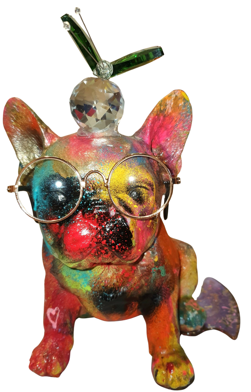 Luxury bulldog français with a glasses and a butterfly "I love u" Karibou Sculpture for sale